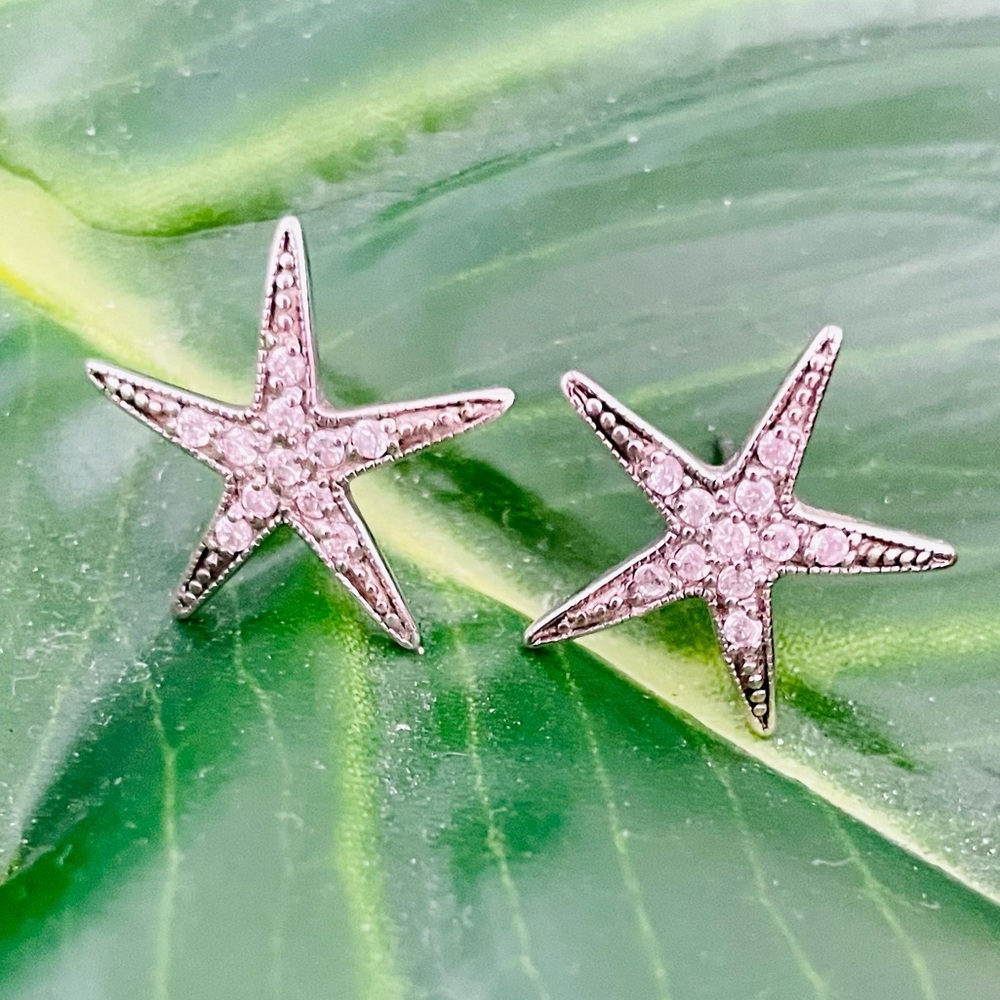Sterling Silver 925 Cubic Zirconia Starfish Post Stud Earrings Coastal Ocean